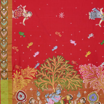 Red Radha Krishna Raasleela  Hand-Painted Pattachitra Saree