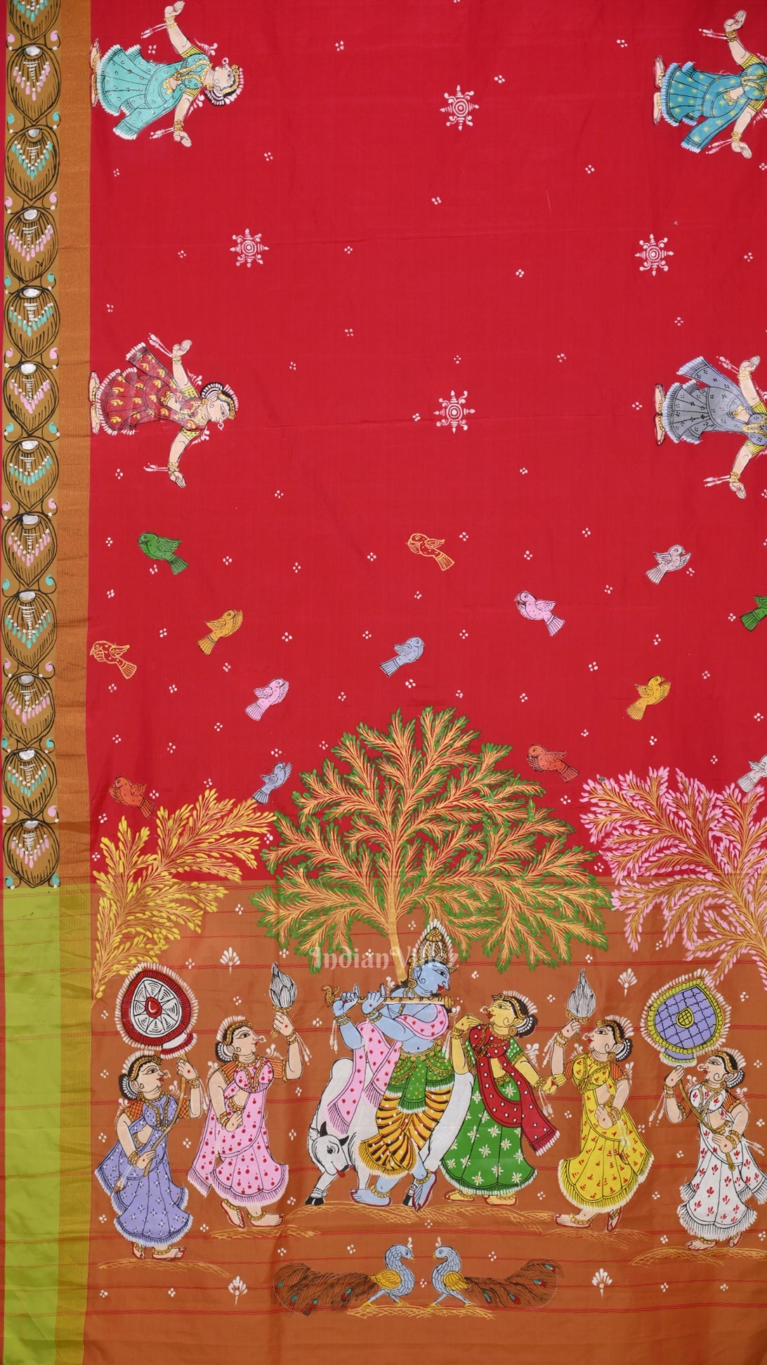 Red Radha Krishna Raasleela  Hand-Painted Pattachitra Saree