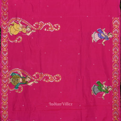 || राधा कृष्ण || Rani Pink Krishna Rasa Leela Hand-Painted Pattachitra Saree (Pre Order)