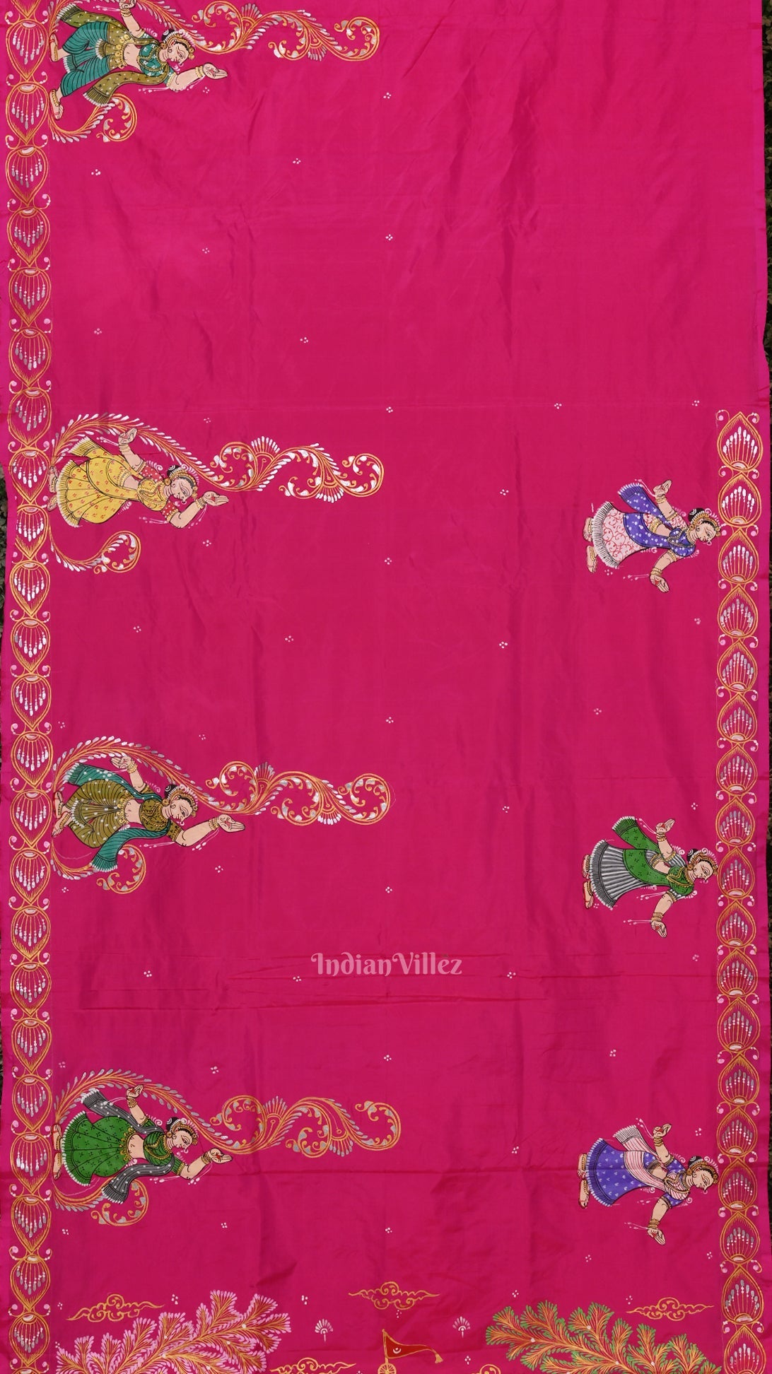 || राधा कृष्ण || Rani Pink Krishna Rasa Leela Hand-Painted Pattachitra Saree (Pre Order)