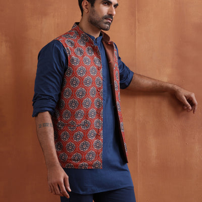 trueBrowns Men's Rust Printed Reversible Nehru Jacket