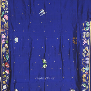 Blue Sitar Instrument Hand-Painted Pattachitra Saree (Pre-Order)