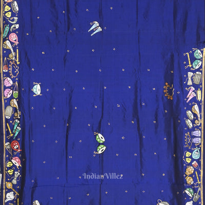 Blue Sitar Instrument Hand-Painted Pattachitra Saree (Pre-Order)