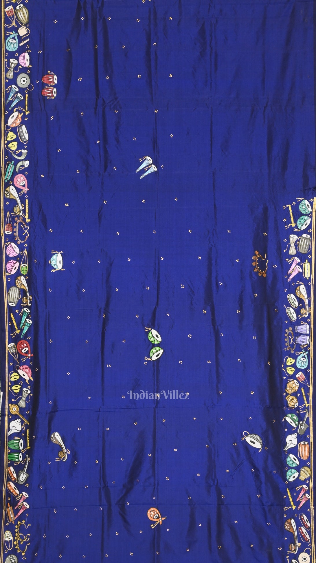 Blue Sitar Instrument Hand-Painted Pattachitra Saree (Pre-Order)