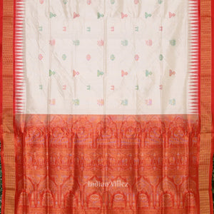 White Red Laxmi Pada Bomkai Sambalpuri Silk Saree with Tissue Anchal