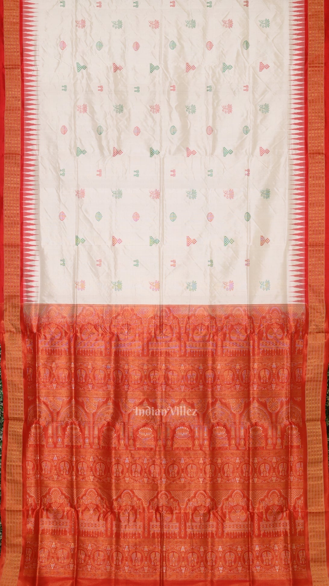 White Red Laxmi Pada Bomkai Sambalpuri Silk Saree with Tissue Anchal