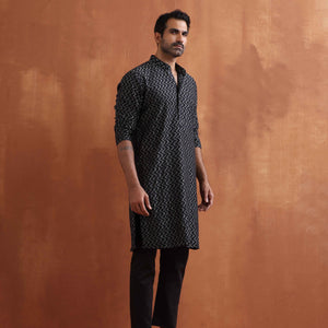 trueBrowns Men's Black Cotton Dobby Kurta