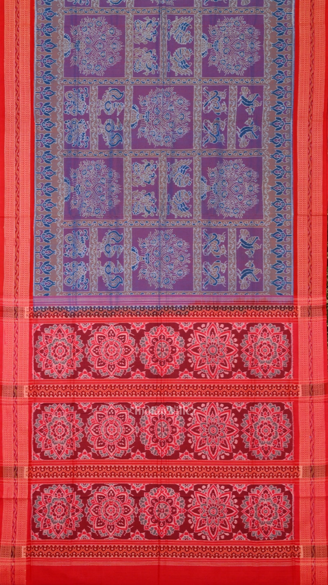 Blue Red Jhoti Theme Sambalpuri Cotton Saree