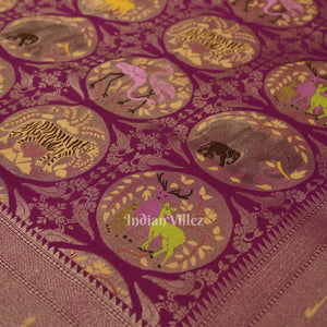 Jam Purple Shikargah Theme Khaddi Georgette Banarasi Saree