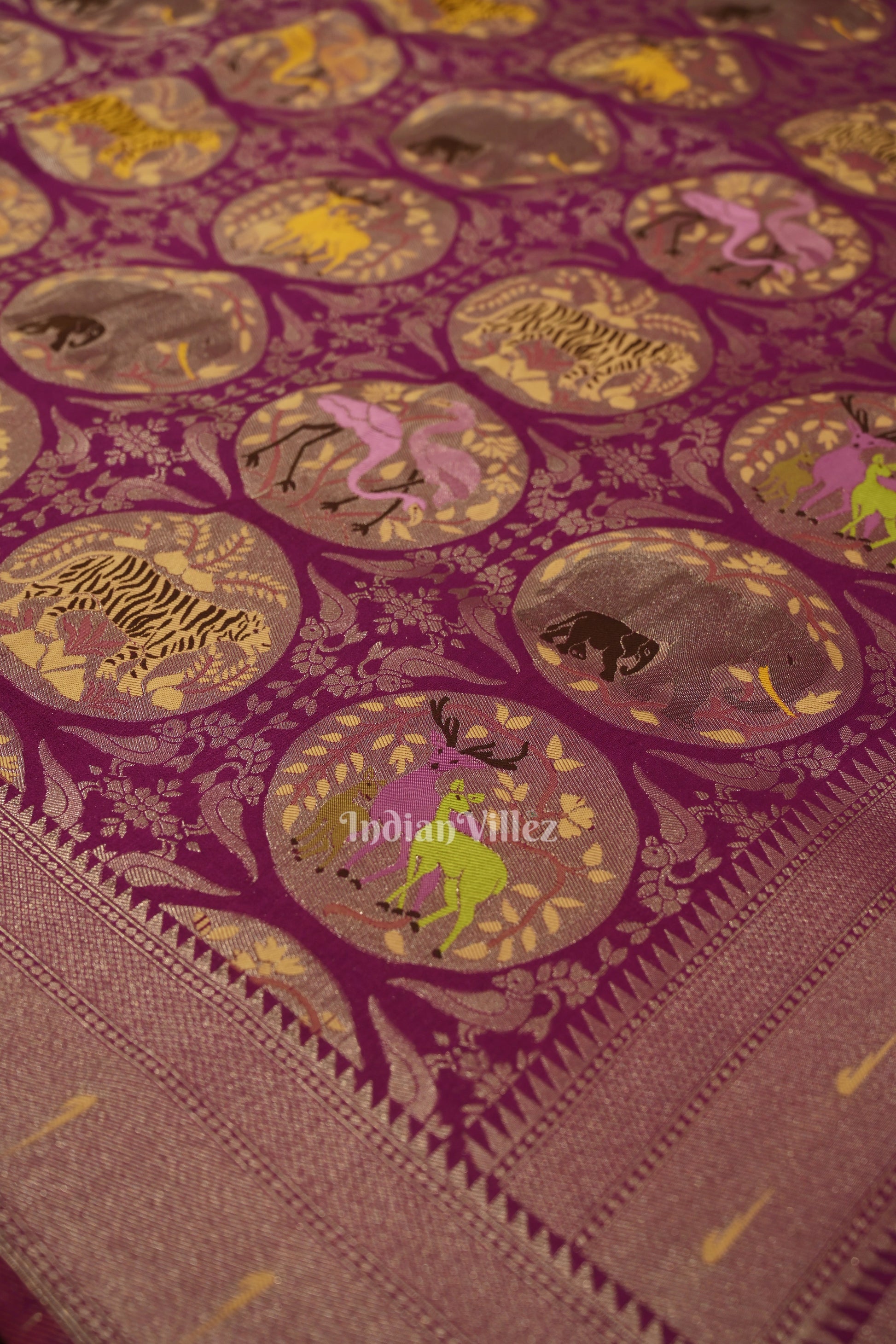 Jam Purple Shikargah Theme Khaddi Georgette Banarasi Saree