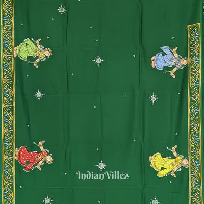 Green Raja Nartaki Theme Hand-Painted Pattachitra Saree