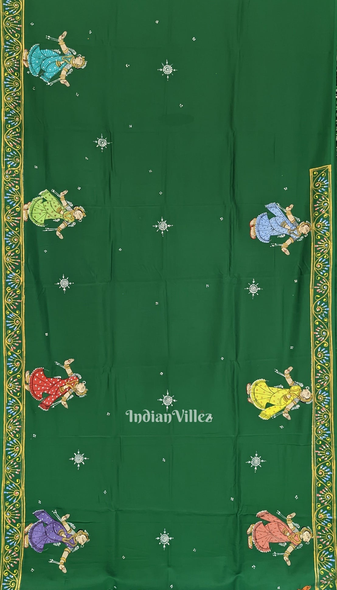 Green Raja Nartaki Theme Hand-Painted Pattachitra Saree