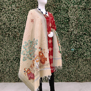 Cream Dandiya Hand-Painted Tussar Pattachitra Dupatta
