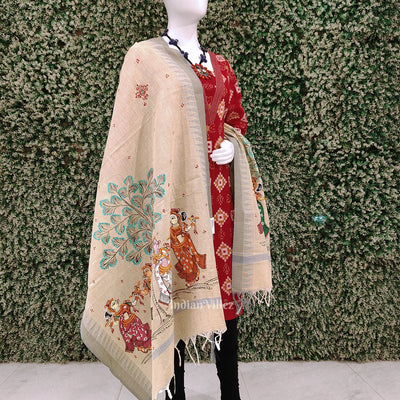 Cream Dandiya Hand-Painted Tussar Pattachitra Dupatta