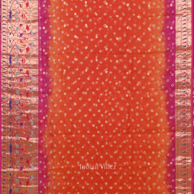 Dark Orange Pink Bandhini  Banarasi Kota Silk Saree with Paithani Border