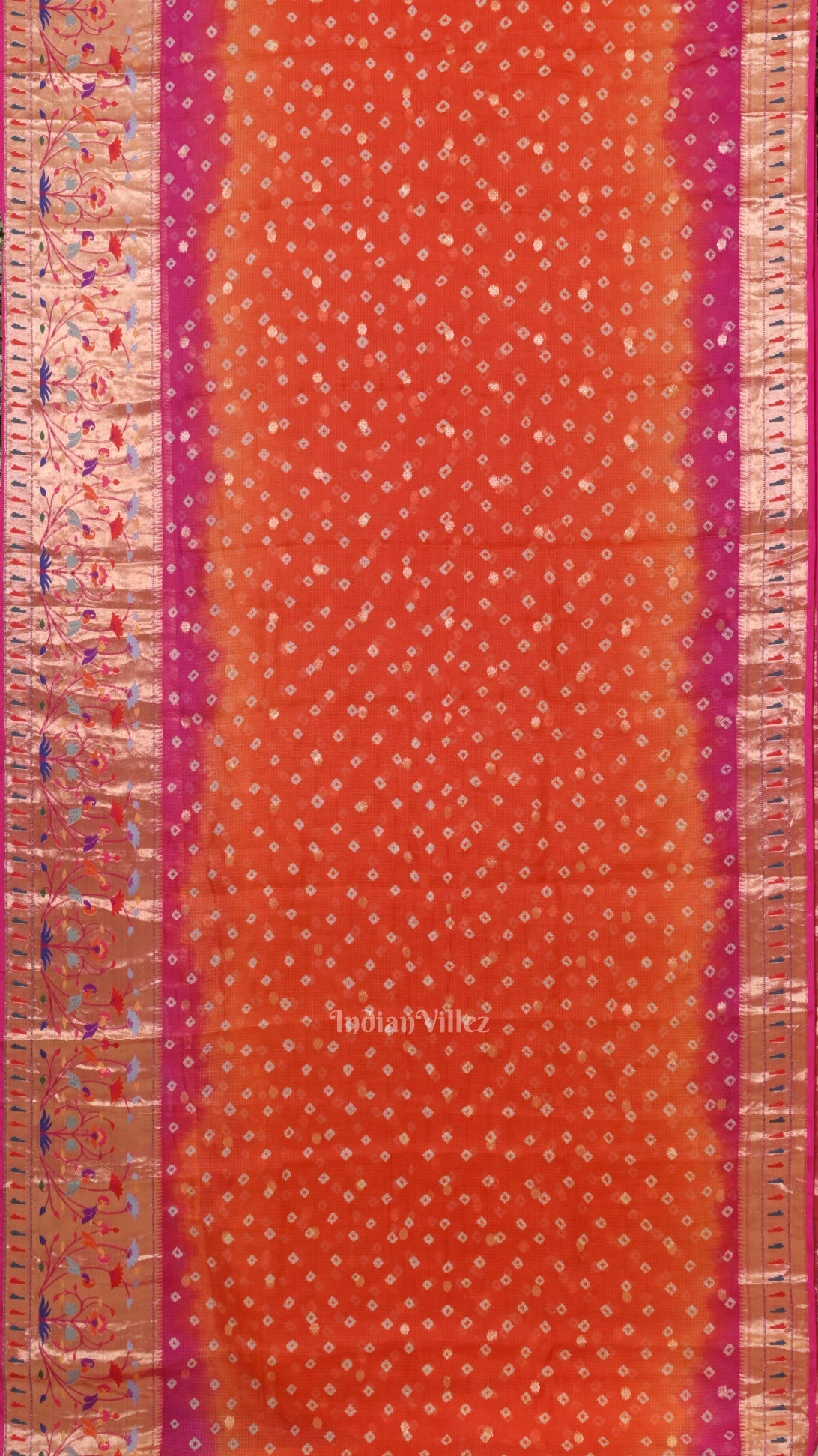 Dark Orange Pink Bandhini  Banarasi Kota Silk Saree with Paithani Border
