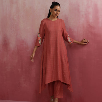 trueBrowns Peach Cotton Dobby Kurta Set