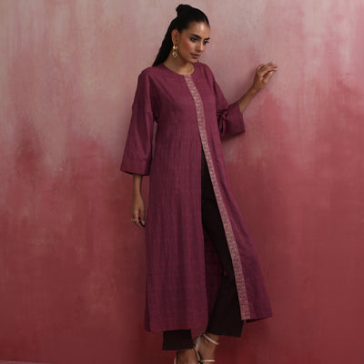trueBrowns Mauve Cotton Dobby Front Slit Kurta Set