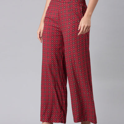 Women Red Woven Viscose Mid Rise Printed Palazzo