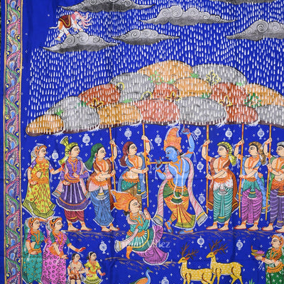 Blue Giri Govardhan Hand-Painted Pattachitra Saree