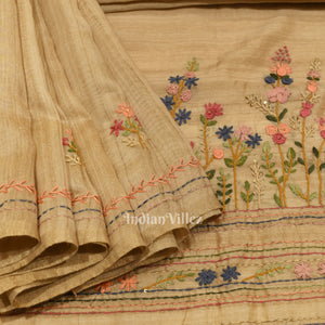 Off White Multi Color Flower Tussar Banarasi Silk Saree
