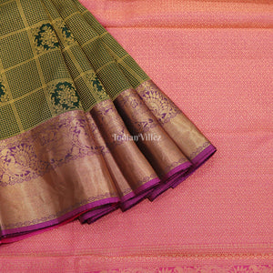 Green Checked Kanchipuram Silk Saree