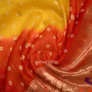 Yellow Red Bandhini  Banarasi  Kota Silk Saree with Paithani Border