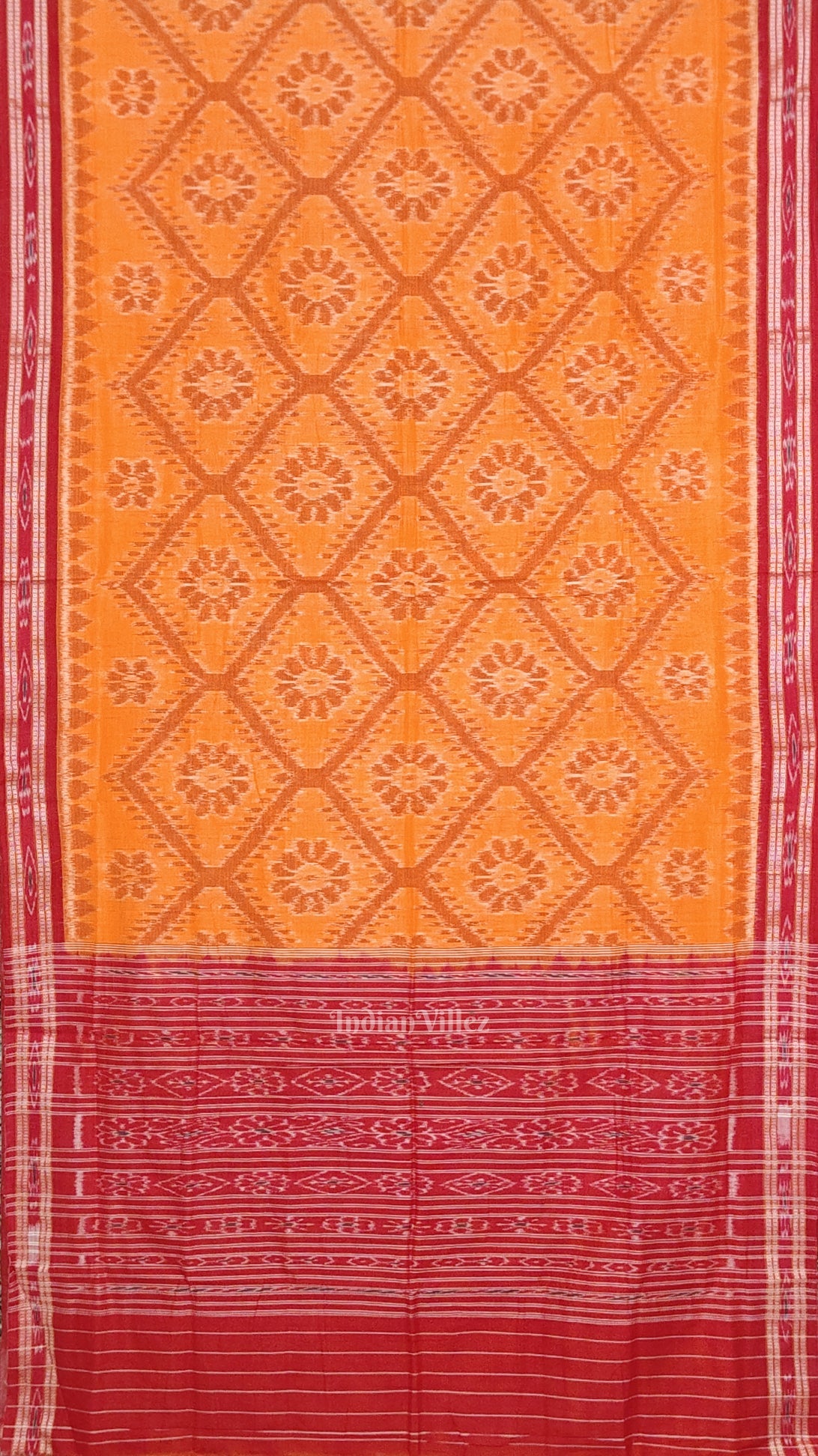 Yellow Red Bada Phula Odisha Ikat Maniabandha Cotton Saree