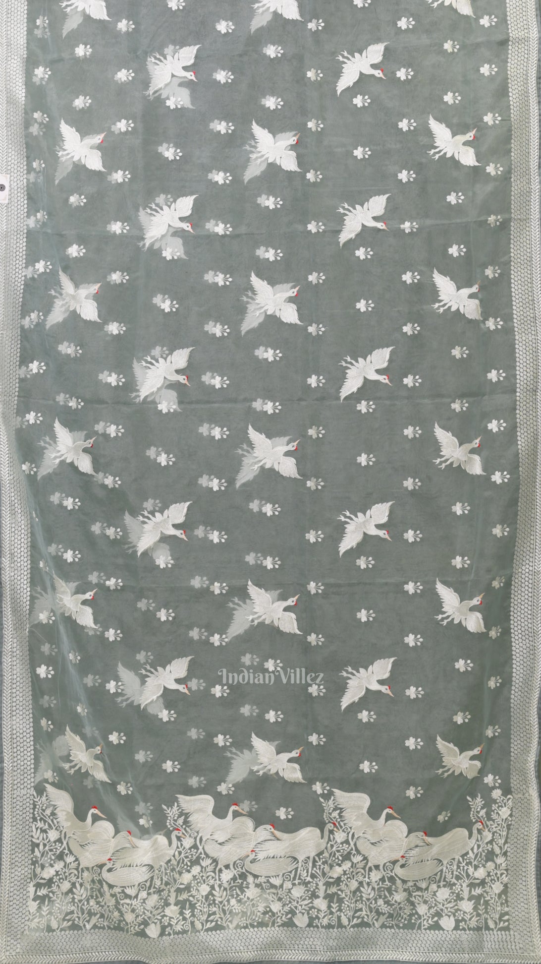 Light Blue Parsi Gara Floral Motif Hand Embroidered Saree