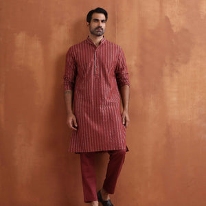 trueBrowns Men's Rust Cotton Dobby Kurta