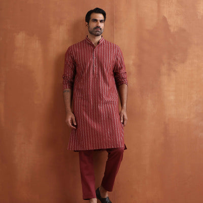 trueBrowns Men's Rust Cotton Dobby Kurta
