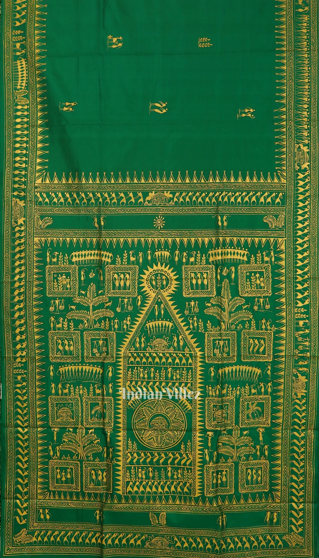 Green Tribal Theme Hand-Painted Pattachitra Saree