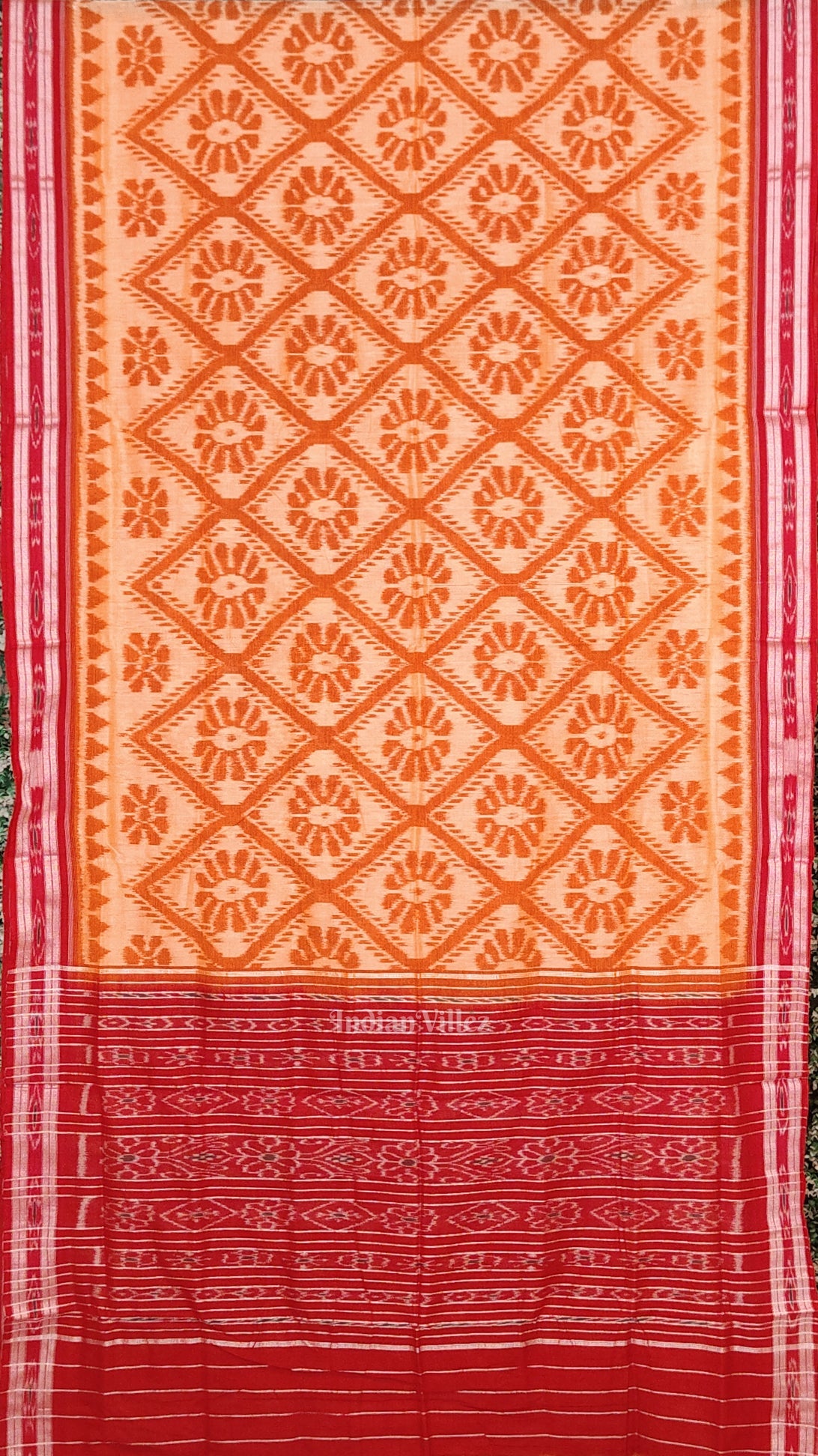 Light Yellow Red Bada Phula Odisha Ikat Maniabandha Cotton Saree