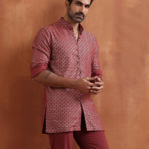 trueBrowns Men's Rust Cotton Dobby Short Kurta