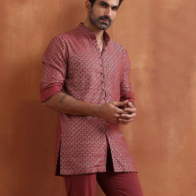trueBrowns Men's Rust Cotton Dobby Short Kurta