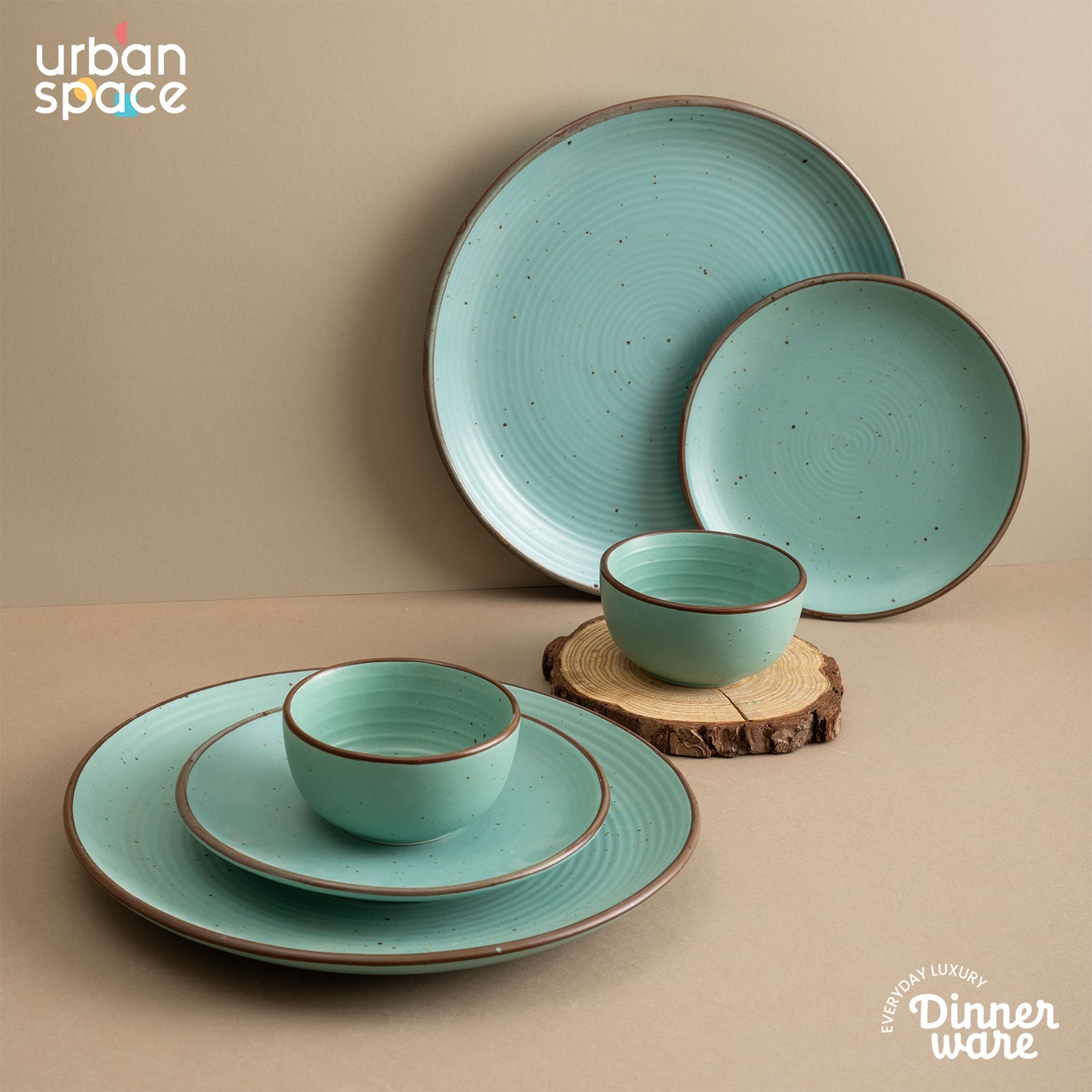 Handmade Ceramic Full dinner set for 2, 2 pieces each of dinner plate, quarter plate and katori bowls, Set of 6, Ocean Green