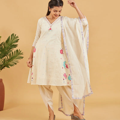 White Floral Embellished Short Kurta Set