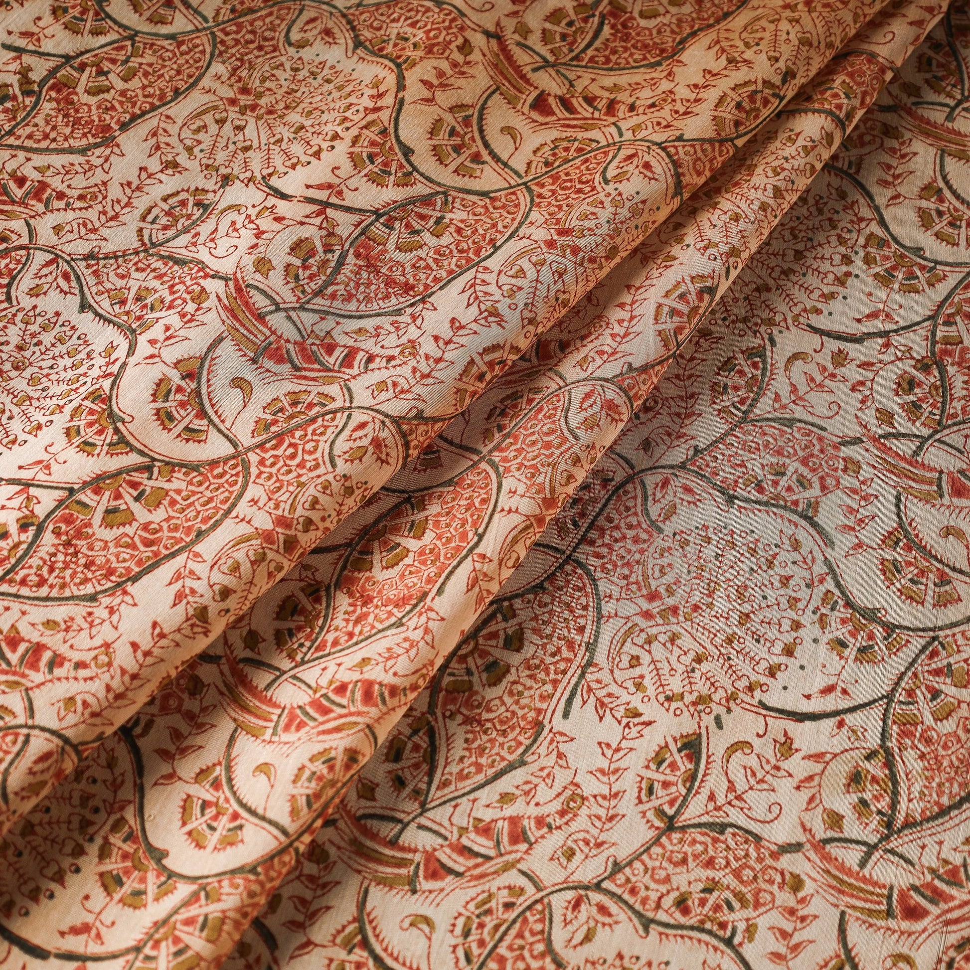 Beige - Pedana Kalamkari Block Printed Chanderi Silk Fabric