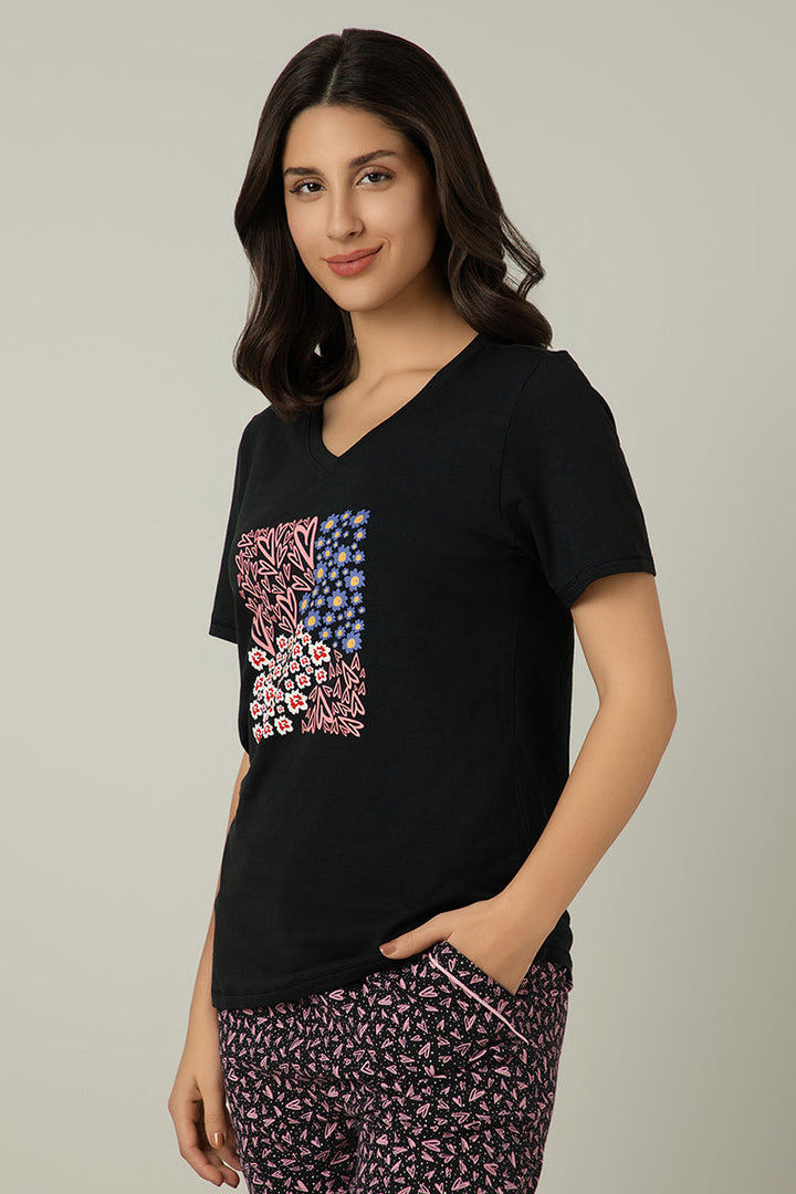 V-Neck Sleep Tee - Floral Heart Print