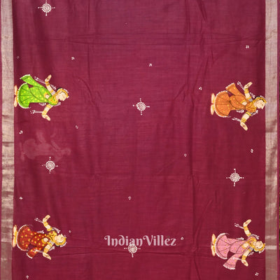Magenta Doli Barat Theme Hand-Painted Pattachitra Saree