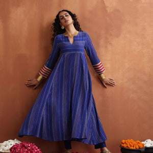 trueBrowns Blue Stripe Flared Anarkali Kurta Set