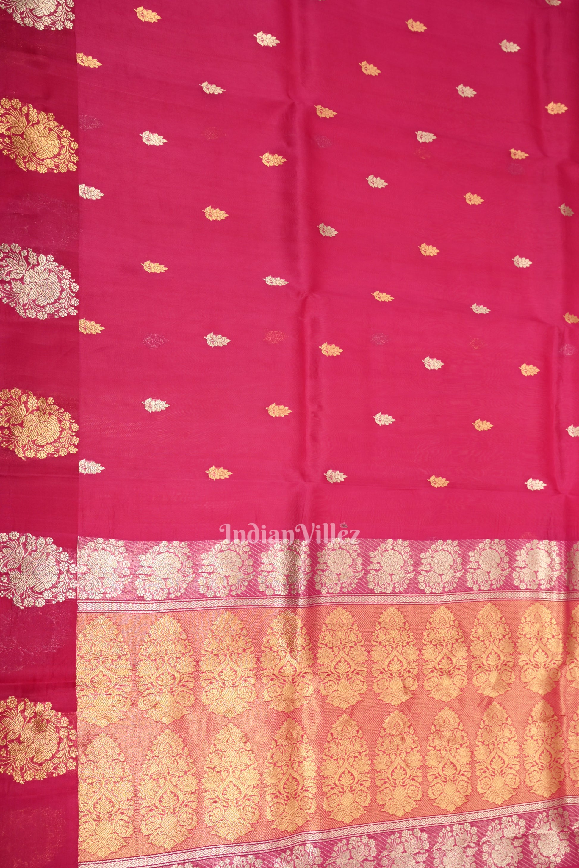 Rani Pink Banarasi Silk Saree With Floral Handwork