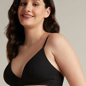 Trendy Plunge Padded Non-Wired Cotton Bra - Black