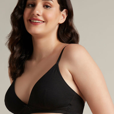 Trendy Plunge Padded Non-Wired Cotton Bra - Black
