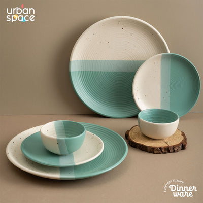 Handmade Ceramic Full dinner set for 2, 2 pieces each of dinner plate, quarter plate and katori bowls, Set of 6, Green Pearl