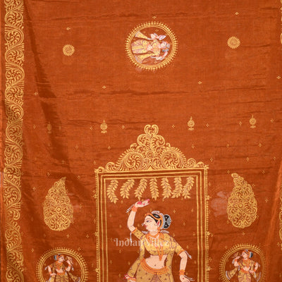 Orange Bronze Nartaki Theme Hand- Painted Pattachitra Saree