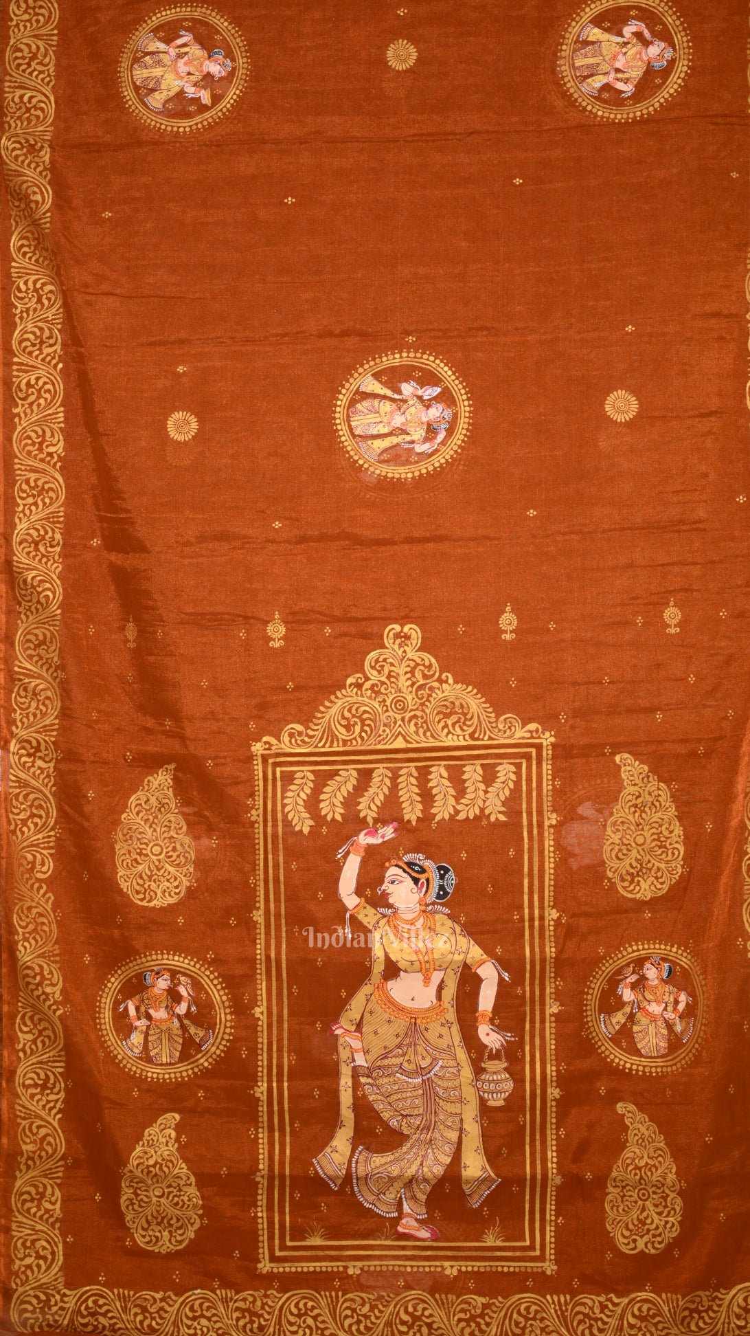 Orange Bronze Nartaki Theme Hand- Painted Pattachitra Saree