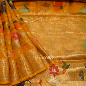 Yellow Pure Jamdani Banarasi Kota Silk Saree