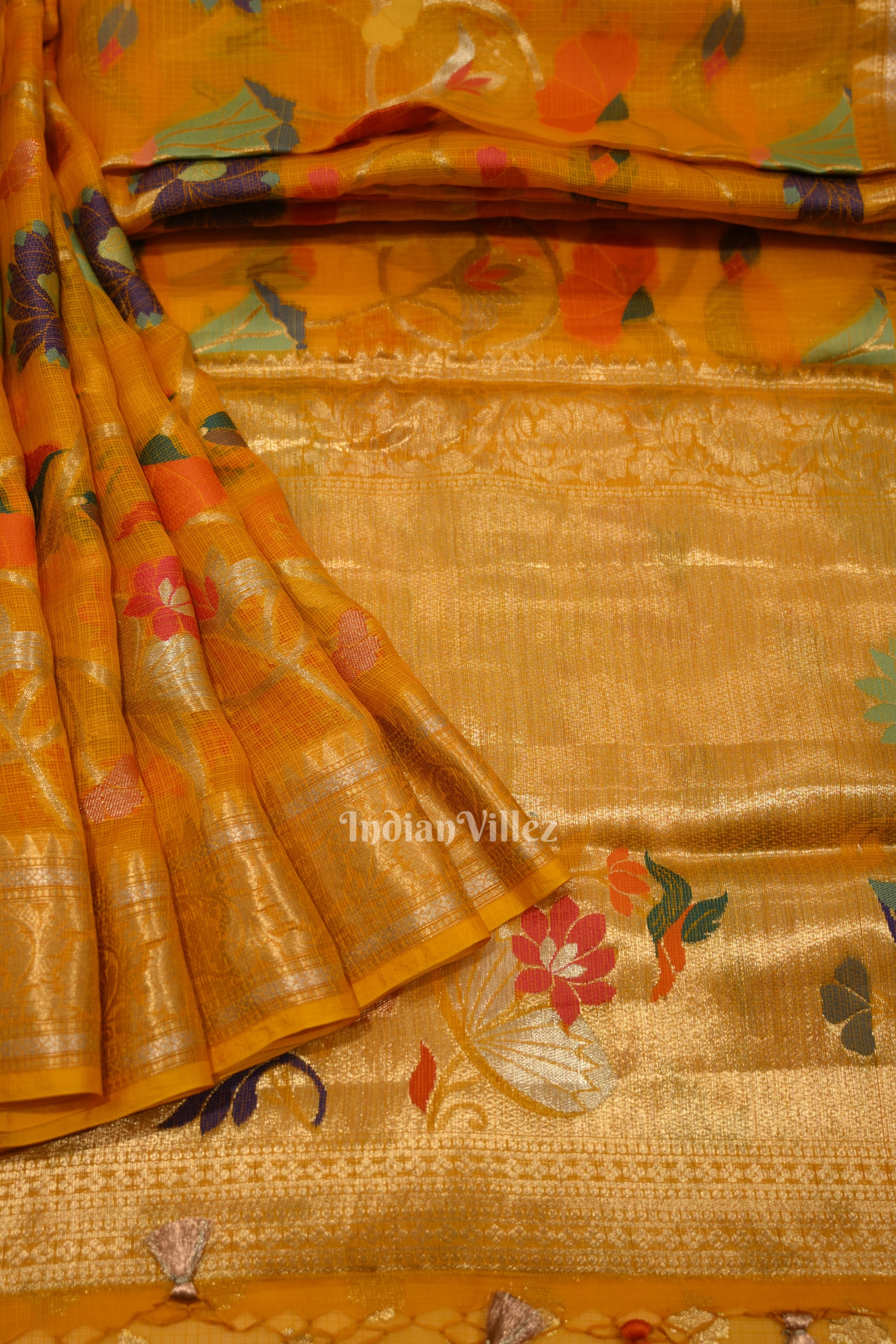 Yellow Pure Jamdani Banarasi Kota Silk Saree