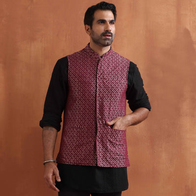trueBrowns Men's Dark Purple Cotton Dobby Nehru Jacket